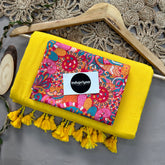 Yellow Handloom Khadi Cotton Saree With Multi Color Print Blouse